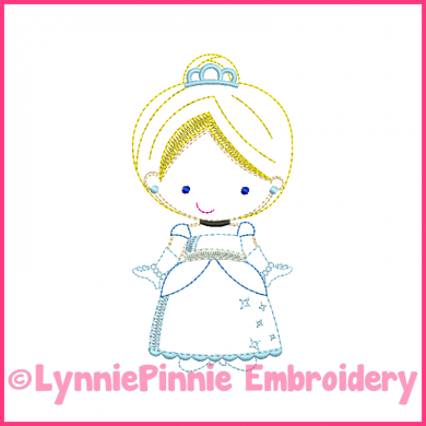 Blue Princess Cutie Colorwork Sketch Embroidery Design 4x4 5x7