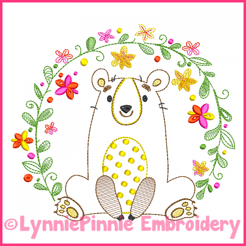 Vintage Flower Frame Bear ColorWork Sketch Embroidery Design 4x4 5x7 6x10 7x11