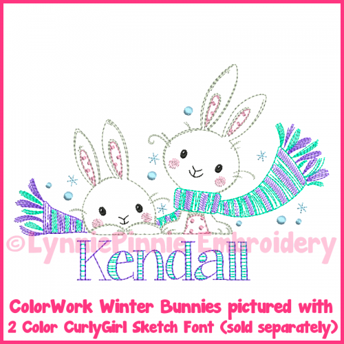 Winter Bunnies Vintage ColorWork Sketch Embroidery Design 4x4 5x7 6x10 7x11