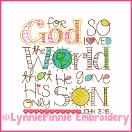 John 3:16 Word Art Vintage ColorWork Sketch Machine Embroidery Design File 4x4 5x7 6x10 7x11