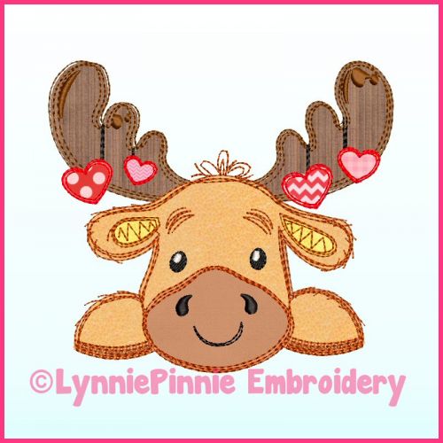 Moose with Hearts Scribble Applique Machine Embroidery Design File 4x4 5x7 6x10