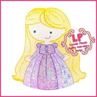 Sketch Fill Long Hair Princess Machine Embroidery Design File 4x4 5x7 6x10 (optional mylar)