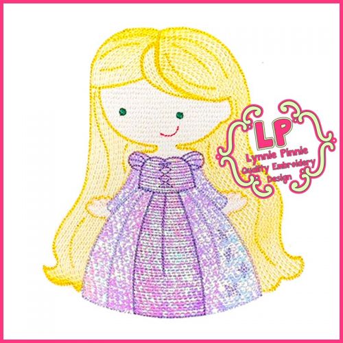 Sketch Fill Long Hair Princess Machine Embroidery Design File 4x4 5x7 6x10 (optional mylar)