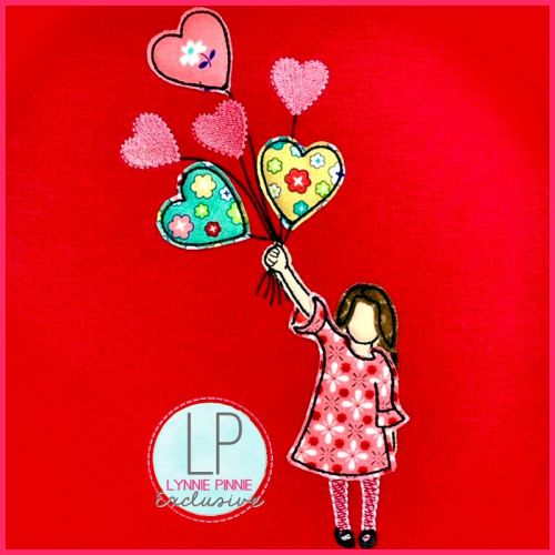 Bean Stitch Applique Girl with Heart Balloons Machine Embroidery Design File 3 sizes