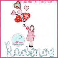 Sketch Fill Girl with Blanket Stitch Applique Heart Balloons Machine Embroidery Design File 4x4 5x7