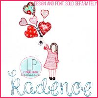 Sketch Fill Girl with Blanket Stitch Applique Heart Balloons Machine Embroidery Design File 4x4 5x7