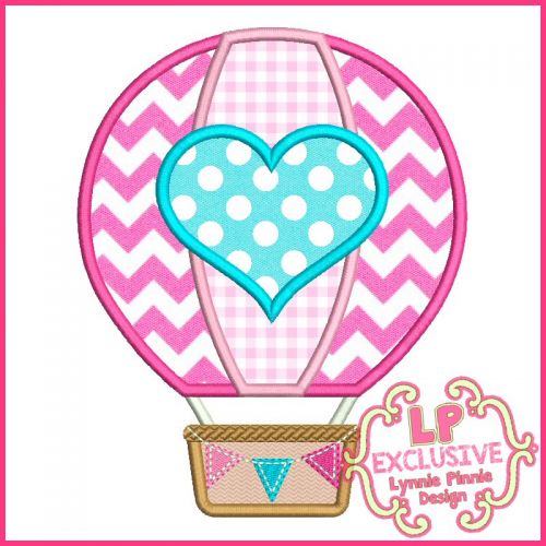 Hot Air Balloon with Heart Applique Machine Embroidery Design File 4x4 5x7 6x10