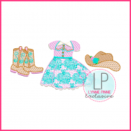Western Girl Dress Trio (optional mylar) Sketch Machine Embroidery Design File 4x4 5x7