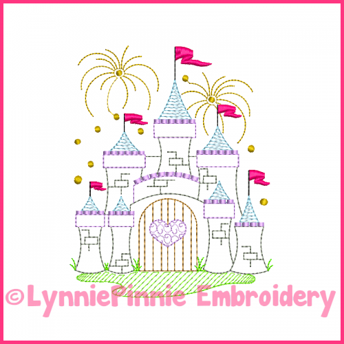 Fancy ColorWork Castle with Fireworks Embroidery Design 4x4 5x7 6x10 7x11