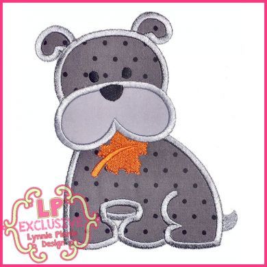 Bobbin the Bulldog with Fall Leaf Applique 4x4 5x7 6x10 7x11 SVG