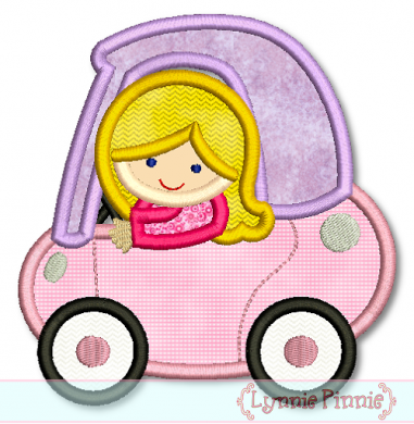 Girl in Little Coupe Car Applique 4x4 5x7 6x10 7x11 SVG