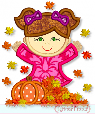 Fall Leaves Girl Applique 4x4 5x7 6x10 7x11