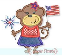 Patriotic Monkey Girl Applique 4x4 5x7 6x10