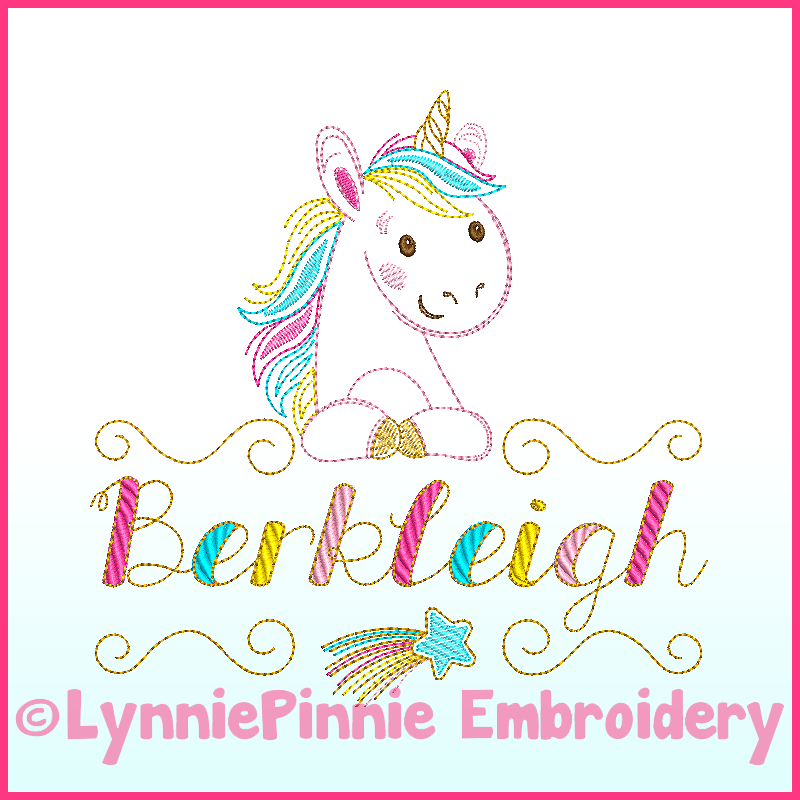 Colorwork Rainbow Unicorn Name Frame Embroidery Design File 4x4